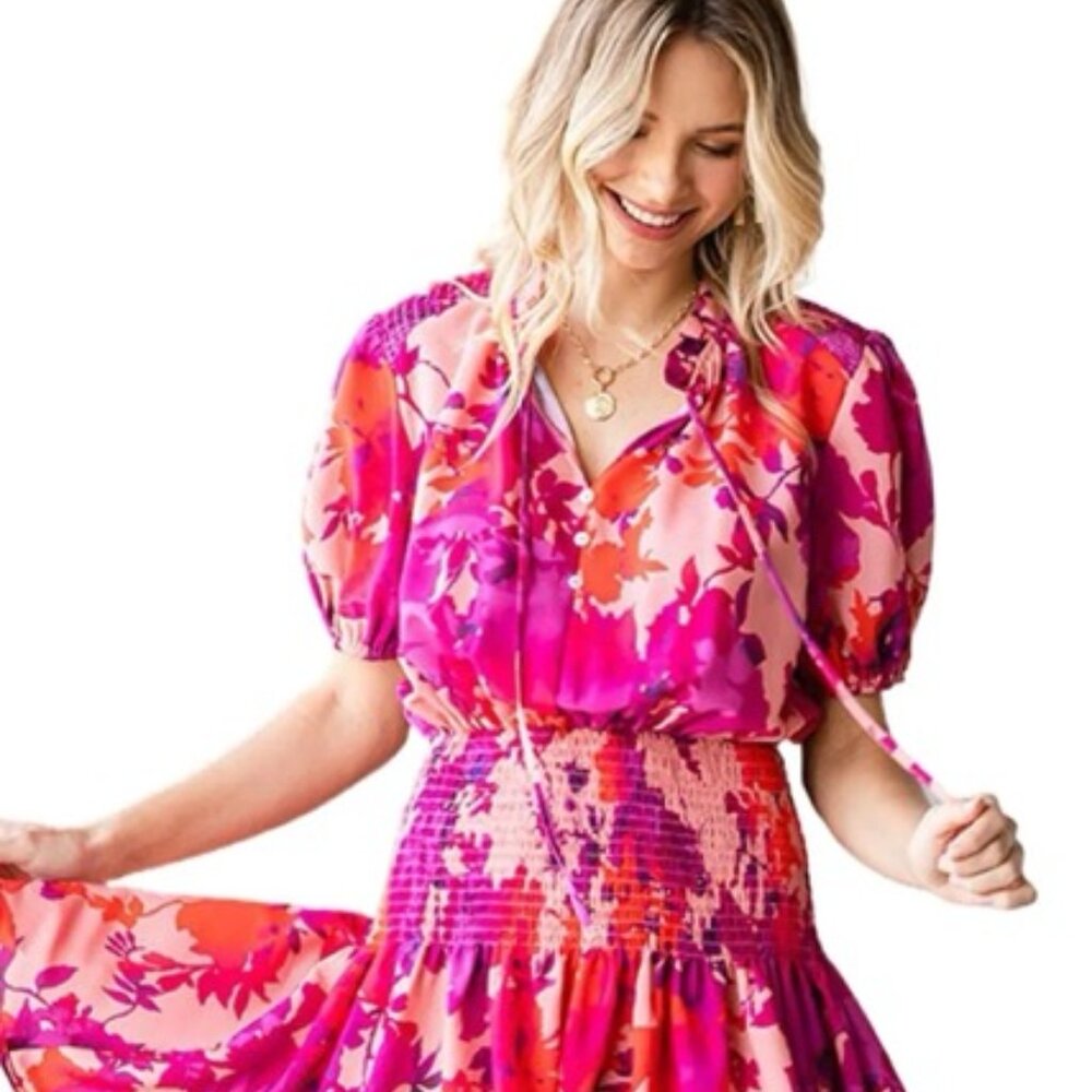 Floral Smocked Waist Bubble Sleeve Flare Midi Dress For Summer - Color Red Rose